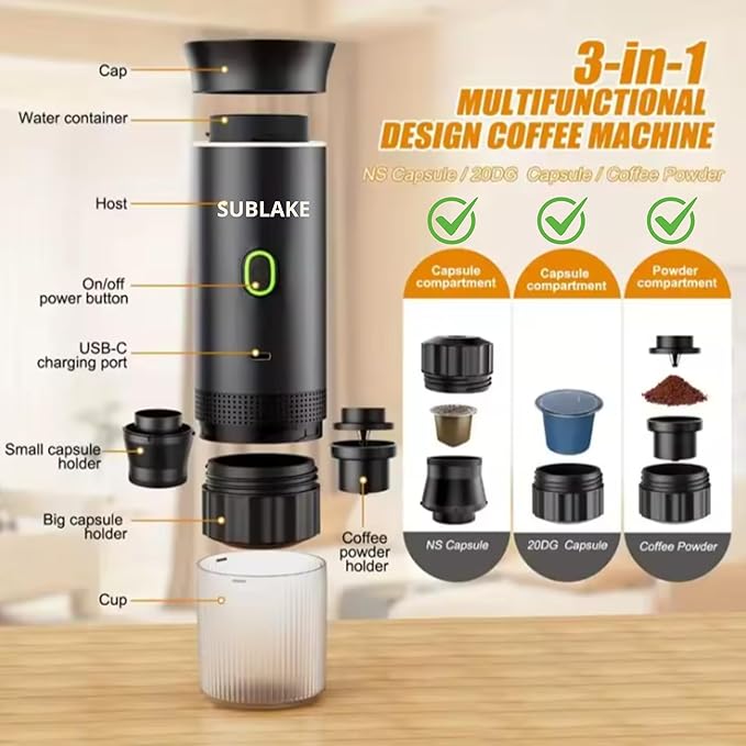 Portable Espresso Maker – Self-Heating USB-C Rechargeable Travel Coffee Maker for Car, Camping, Office, Hiking, portable coffee maker With Ground Coffee & NS Capsule (Black)