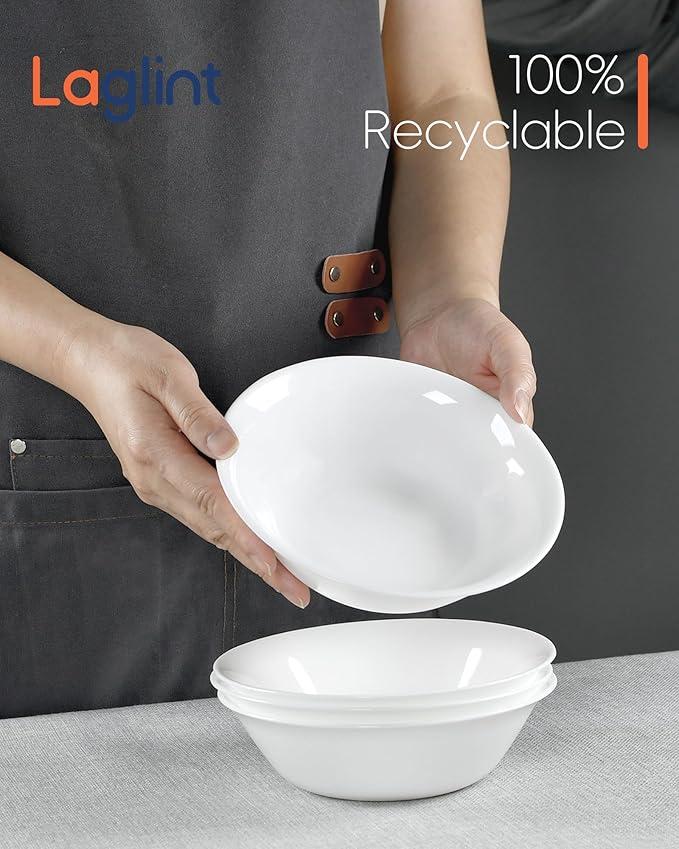 14 OZ (16 OZ MAX) White Opal Glass Cereal Bowl Set of 6, 6.5 inch Dishwasher & Microwave Safe Round Bowls for Soup, Salad and Rice