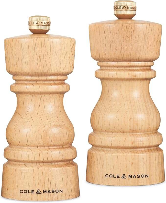 Cole & Mason London Refillable Spice Mill - Kitchen & Home Accessory - Salt & Pepper Grinder Set - Salt Mill with Ceramic Mechanism - Pepper Mill with Carbon Steel Mechanism - 5", Natural Beech