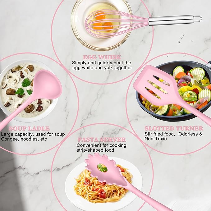 E-far Pink Silicone Cooking Utensils Set, 10-Piece Kitchen Utensil Set for Nonstick Cookware, Silicone Kitchen Tools with Spatula Turner Spoon Tongs Whisk, Heat Resistant & Non-Toxic, Dishwasher Safe