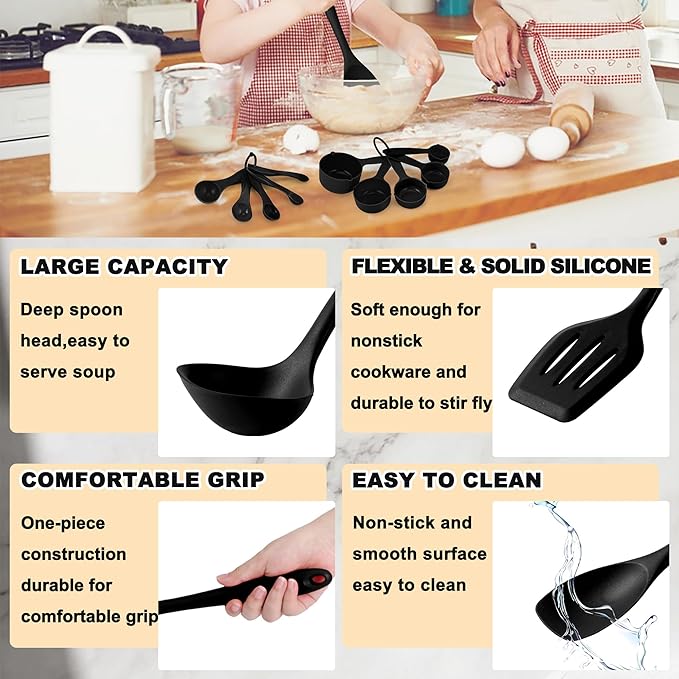 E-far Silicone Cooking Utensils Set, 24Pcs Heat Resistant Kitchen Utensil with Holder, Silicone Kitchen Tools with Spatula Turner Spoon Tongs Whisk, Non-Toxic & Dishwasher Safe (Black)