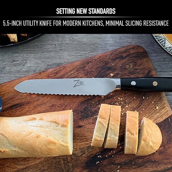 Zelite Infinity 5.5 Inch Serrated Bread Knife for Homemade Bread - Razor Sharp Japanese AUS-10 Super Steel 67-layer Damascus Knife; Sourdough Bread Knife & Bread Cutting Knife - Luxurious Gift Box