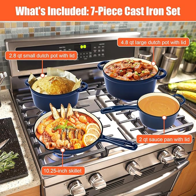 QuliMetal Nonstick Enameled Cast Iron Cookware Set, Frying Pan Skillet- 7-Pcs Pots and Pans with Lid, Healthy Round Dutch Oven Pot for Sourdough Bread Baking, Oven Safe up to 500° F or on All Stovetop
