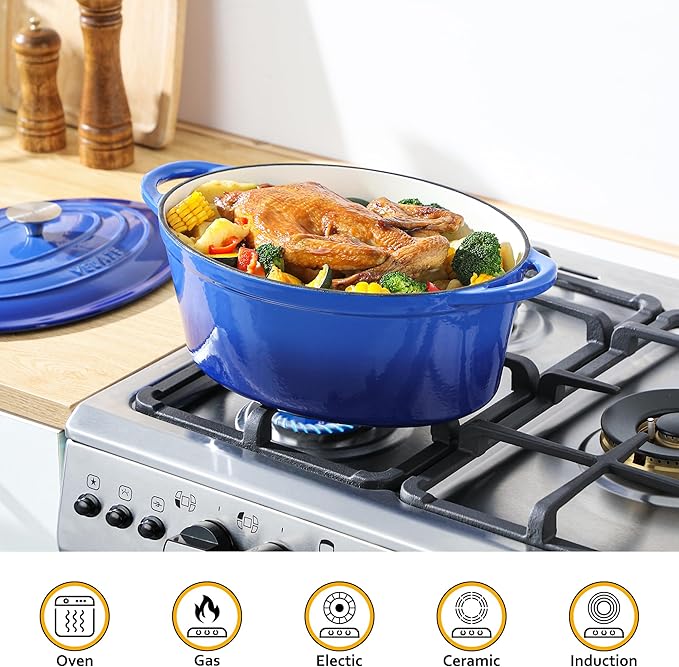Velaze 7.5 QT Enameled Oval Dutch Oven Pot with Lid, Cast Iron Dutch Oven with Dual Handles for Bread Baking, Cooking, Frying, Non-stick Enamel Coated Cookware(Blue)