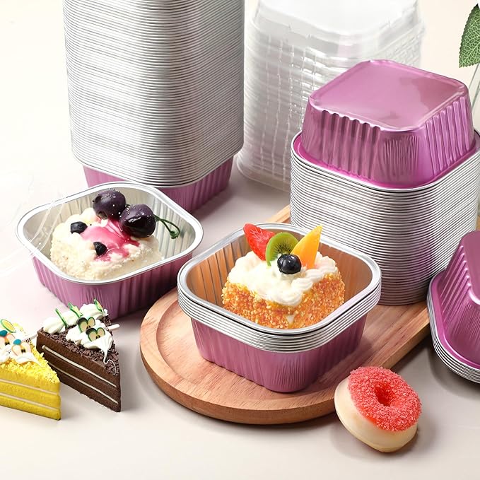Aoriher 150 Pieces 10 oz Mini Cake Pans with Lids Aluminum Foil Baking Cups Square Disposable 4" x 4" Large Cupcake Cups Baking Tins for Kitchen Brownie Pudding Desserts Holders(Rose Red)