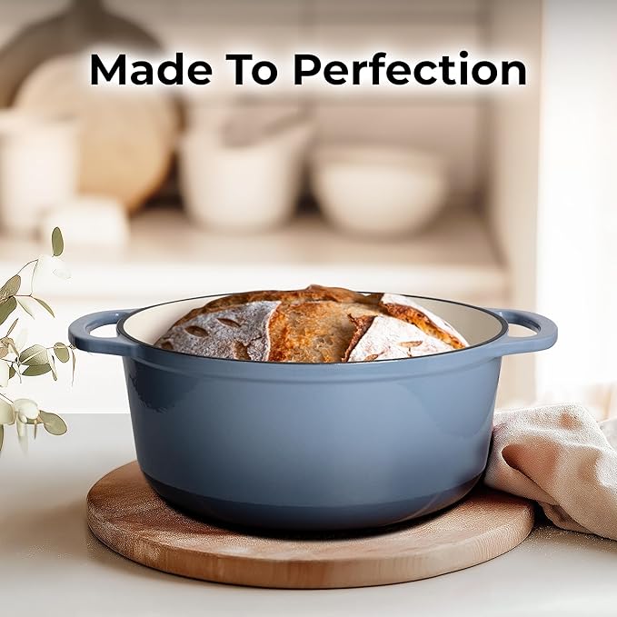 Zulay Kitchen 6 Quart Enameled Cast Iron Dutch Oven with Lid - Premium Durability & Oven Safe up to 500°F – Heavy Duty Cookware Perfect for Bread Baking, Stews, Braising & Roasting - Aquamarine