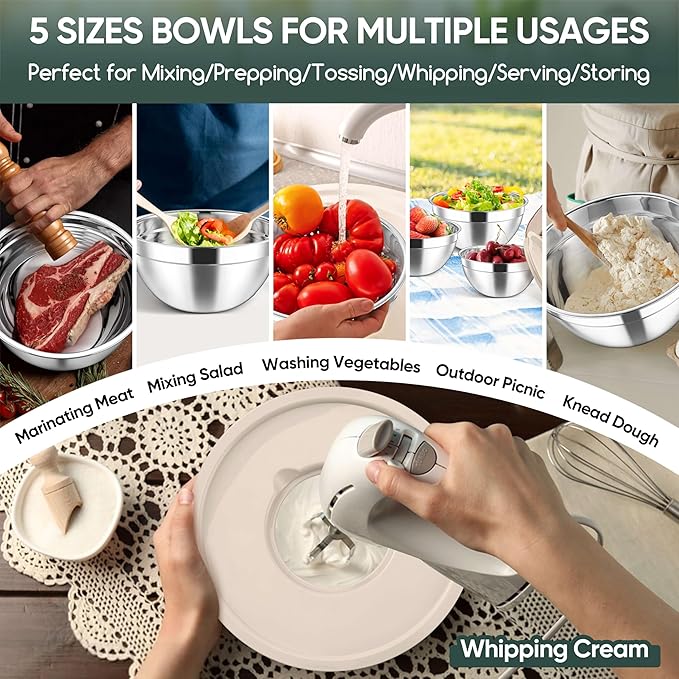 Herogo 5-Piece Mixing Bowls with Lids, 3 Grater Attachments, Stainless Steel Salad Bowls for Kitchen, Size 4.6, 3.5, 2.5, 2, 1.5QT Ideal for Baking, Prepping, Mixing and Serving, Khaki