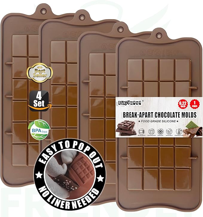 Break-Apart Chocolate Molds, Non-Stick Silicone Chocolate Bar Mold, Food Grade Candy Bar Mold, Perfect for Energy Bar, Cocoa Mini Bar - 4 Pack