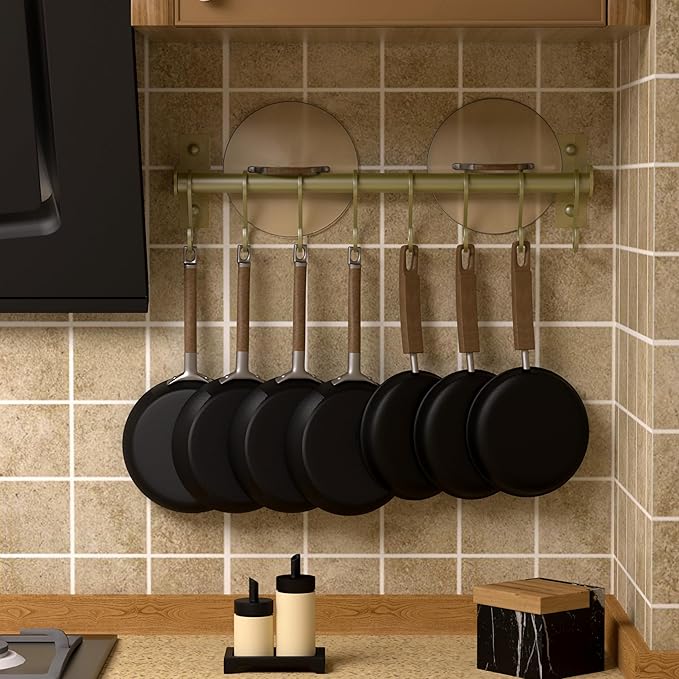 Dseap Kitchen Utensil Holder Hanger, Pot and Pan Rack Wall Mounted, Kitchen Rail with 8 Hooks for Hanging Cooking Utensils, Mugs, Spoons, Wall Mounted, Champagne Color, Pack of 2