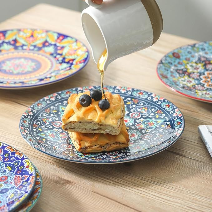 glowworm Salad Plates Set of 6, 8.5 Inch Ceramic Dinner Plates, Colorful Bohemian Dessert Plates Set for Kitchen, Restaurant, Housewarming Gift, Microwave, Oven and Dishwasher Safe