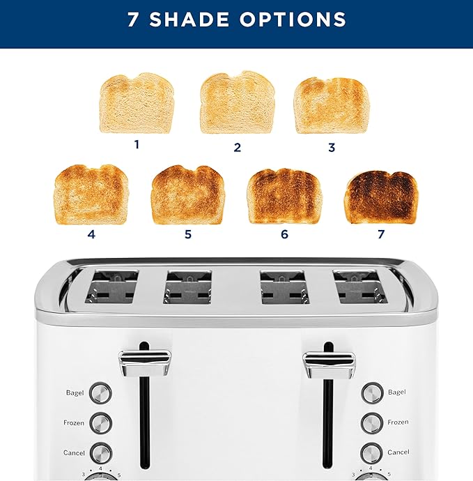 GE 4 Slice Toaster | Extra Wide Slots for Bagels, Breads, Waffles & More | 7 Shade Options | Countertop Kitchen Essentials | 1500 watt, White