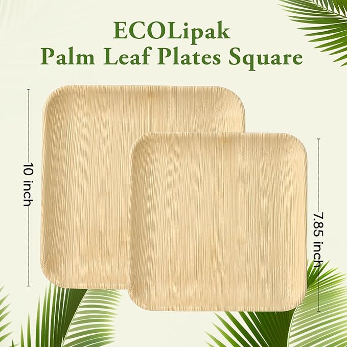 ECOLipak 48 Pack Compostable Palm Leaf Plate Like Bamboo Plate, 10 Inch and 7.85 Inch Disposable Biodegradable Plates Suitable for Party, Dinner