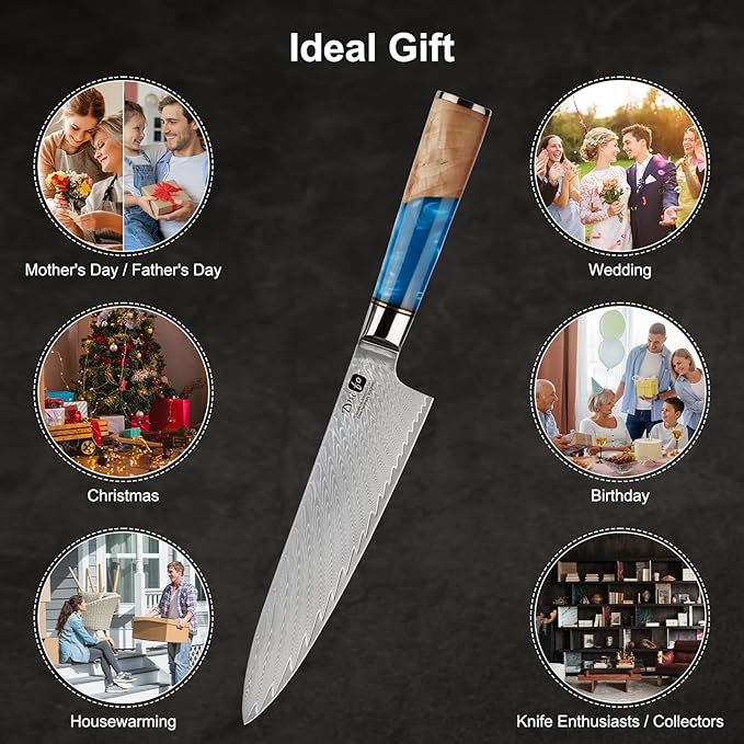 Chef Knife 8 Inch, Damascus VG-10 Steel Sharp Japanese Kitchen Knife with Gift Box and Resin Wood Handle, Ideal Birthday Gift for Men and Women