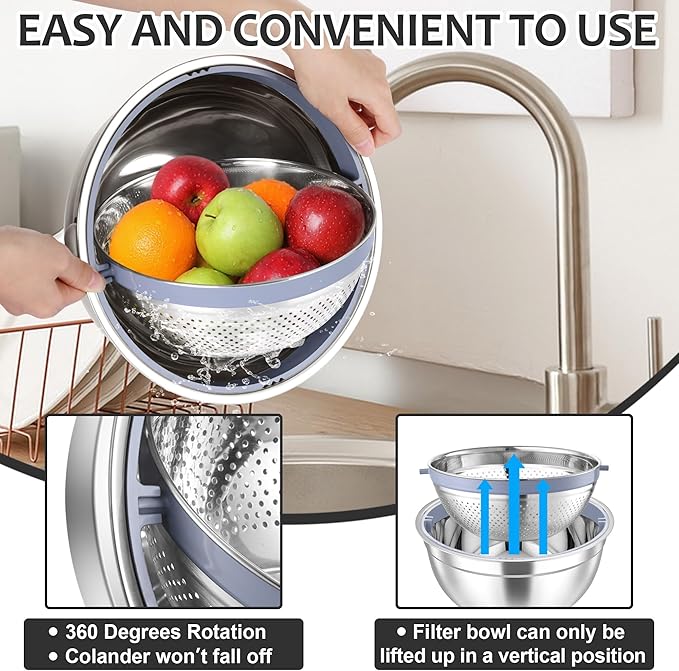 E-far Colander with Mixing Bowl Set, 4-1 Stainless Steel Colander Strainers Bowl with Graters for Kitchen, Rotatable Food Strainer Bowl for Rinsing Fruits Vegetables/Draining Pasta - Black