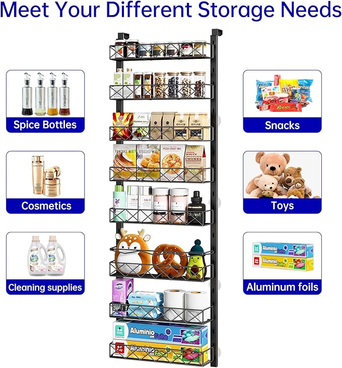 MIAOLI Over the Door Organizer, Black 8-Tier Pantry Door Organizer with Adjustable Basket, Hanging Spice Rack Cabinet Door Shelves, Laundry Room Organization and Storage