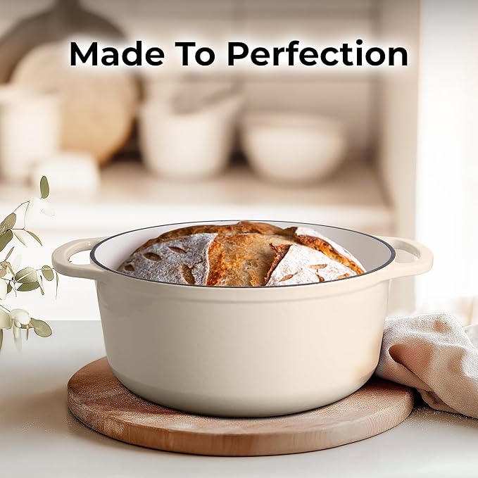 Zulay Kitchen 5 Quart Enameled Cast Iron Dutch Oven with Lid,Silicone Trivet & Heat Pad – Premium Durability & Oven Safe up to 500°F – Heavy Duty Cookware Perfect for Bread Baking, Stews, Braising & Roasting – Ivory