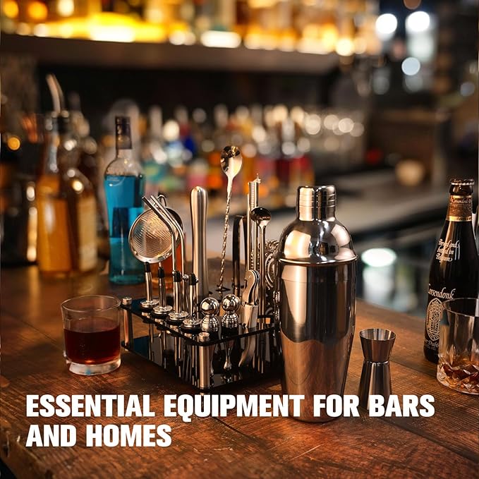 KINGROW Cocktail Shaker Set 29-Piece Bartender Kit with Rotating Stand | Bar Set Drink Mixer Set with All Essential Accessory Tools for Drink Mixing, Home, Bar, Party |Sliver