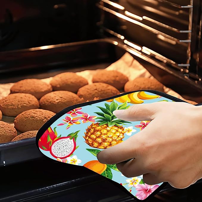 Hawaiian Tropical Fruits Pot Holders Set of 2 Heat Resistant & Non Slip Potholders, Flowers Oven Hot Pads for Kitchen Cooking Baking Barbecue