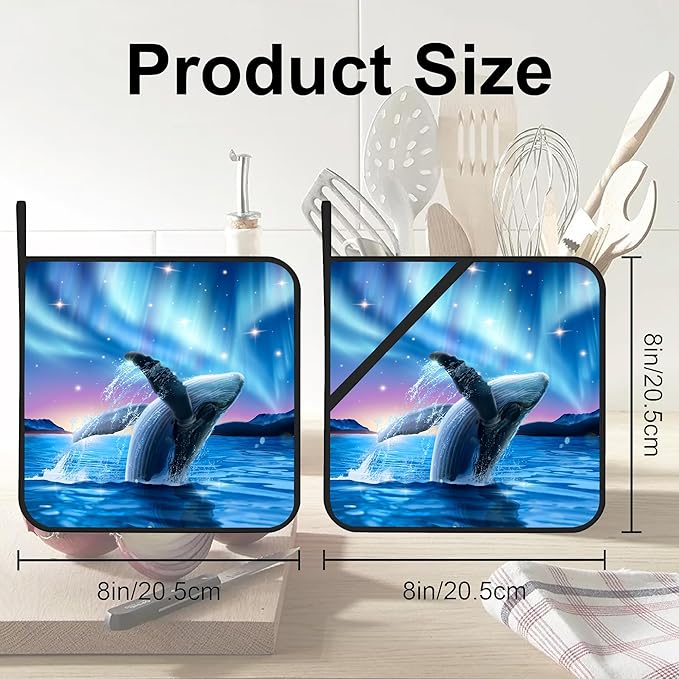 Whale with Aurora on Starry Pot Holders 2 PCS for Kitchen, Heat Resistant Hot Pads for Cooking Grilling Baking BBQ, Pot Holders for Women Cook Essentials Accessories Home Microwave