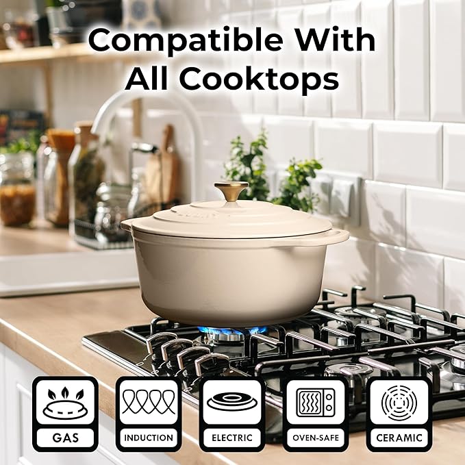 Zulay Kitchen 5 Quart Enameled Cast Iron Dutch Oven with Lid,Silicone Trivet & Heat Pad – Premium Durability & Oven Safe up to 500°F – Heavy Duty Cookware Perfect for Bread Baking, Stews, Braising & Roasting – Ivory