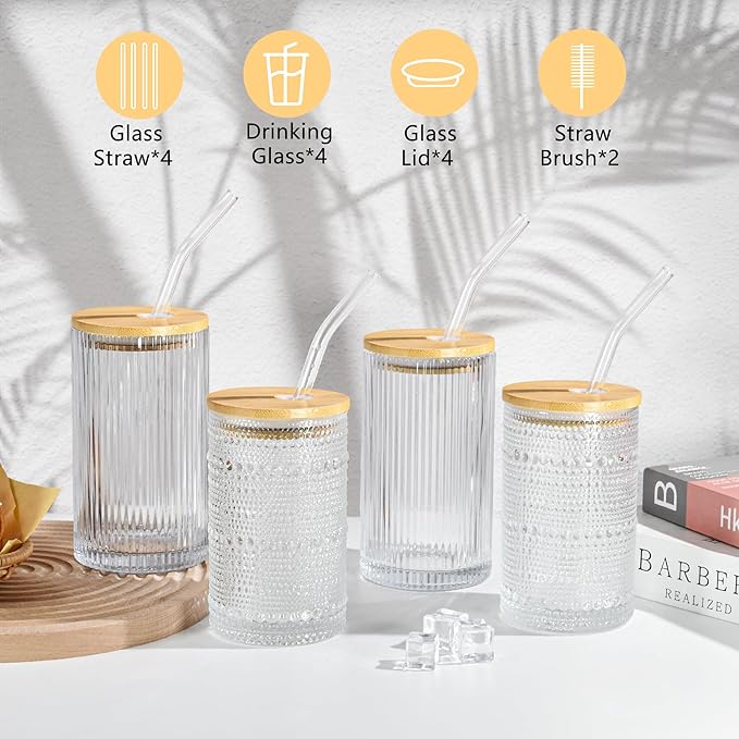 13 oz Drinking Glasses Set of 4 with Bamboo Lids Straws Hobnail Boho Glassware Set Vintage Glass Cups Embossed Iced Coffee Cup for Beer Cocktail Beverage(Hobnail)