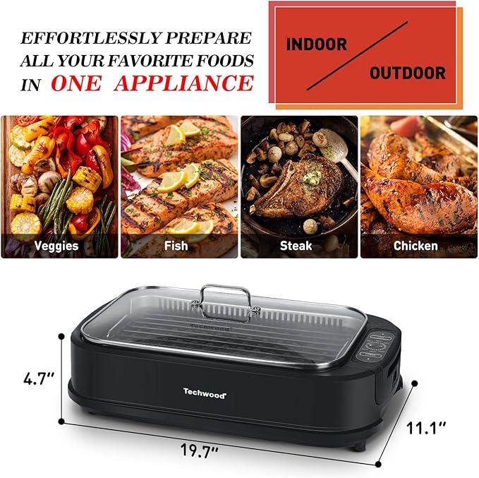 Techwood 1500W Smokeless Indoor Electric Grill with Non-Stick Plates and Tempered Glass Lid - Korean Grill with Temperature Control