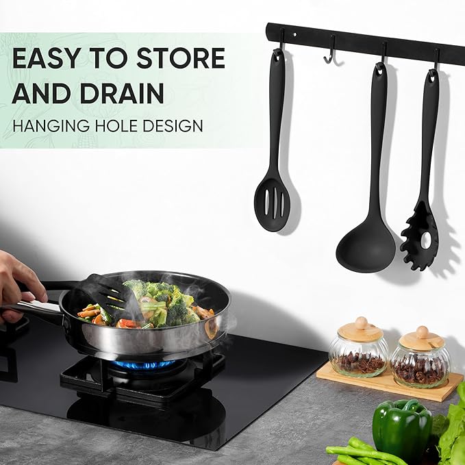 Herogo Silicone Cooking Utensils Set, 7-Piece Kitchen Utensils Set, Heat Resistant Cooking Gadget Tools Slotted Turner, Spoon, Soup Ladle, Pasta Server, Spatula, Tongs for Nonstick Cookware, Black