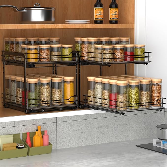 2-Tier Spice Rack, Pull Out Cabinet Organizer Spice Racks Height Adjustable Heavy Duty Metal Basket for Inside Cabinets & Pantry Closet(9.5''Wx10.5''Dx9.5''H)