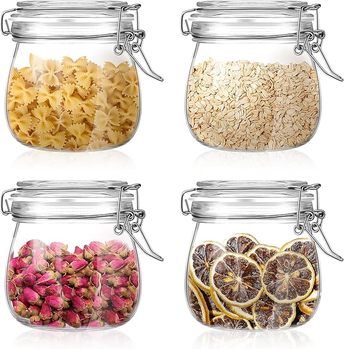 Glass Food Storage Jars with Airtight Lids 13 oz Round 4 Pack Kitchen Storage Containers Small Cabinet Canisters Sealed Pot Canning for Pasta, Cereal, Coffee, Beans, Spice