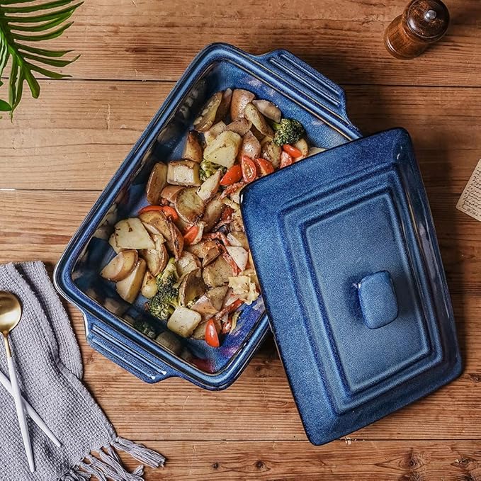 KOOV Ceramic Casserole Dish with Lid, Covered Rectangular Casserole Dish Set, Lasagna Pans with Lid for Cooking, Baking dish With Lid for Dinner, Kitchen, 9 x 13 Inches, Reactive Glaze (Nebula Blue)