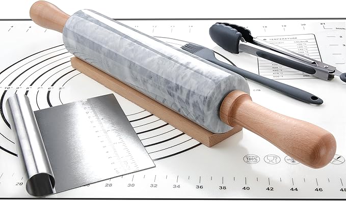 Marble Rolling Pin Set with Silicone Pastry Mat,Pastry Brush,Cooking Tongs,Stainless Steel Scraper18.5 inch Polished Non-Stick Roller for Pizza Dough,Fondant,Pie Crust(Gray White)