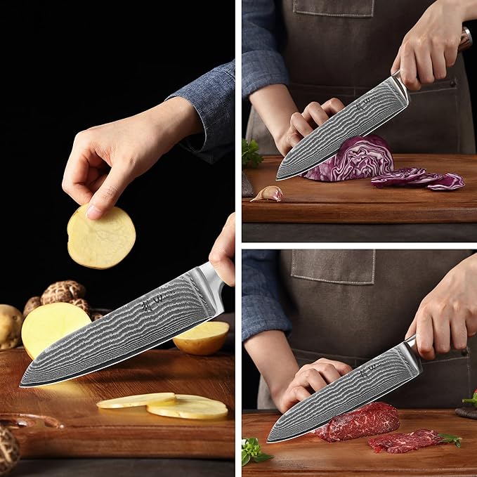Wakoli EDIB Chef Knife Set 3-Piece – Japanese Style Damascus Kitchen Knives | Genuine Damascus Steel Blades with VG10 Core | Ergonomic Pakkawood Handles | Professional Knife Set in Wooden Gift Box