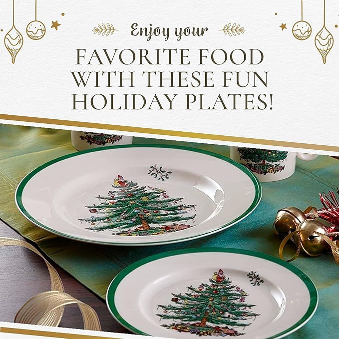 Spode Christmas Tree 10.5" Dinner Plate (Set of 4) - Festive Holiday Stoneware Plate with Christmas Tree & Green Borders, Microwave, Dishwasher, Freezer, Oven Safe - Collectible Holiday Tableware
