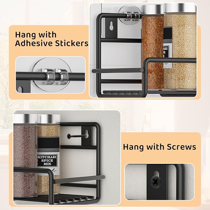 6 Pack Wall Mount Spice Rack Organizer, for Kitchen Pantry Door Storage and Organization, Heavy-Duty Metal Kitchen Spice Rack, Flexible Wall Iron Shelves with Adhesive Hook, Black