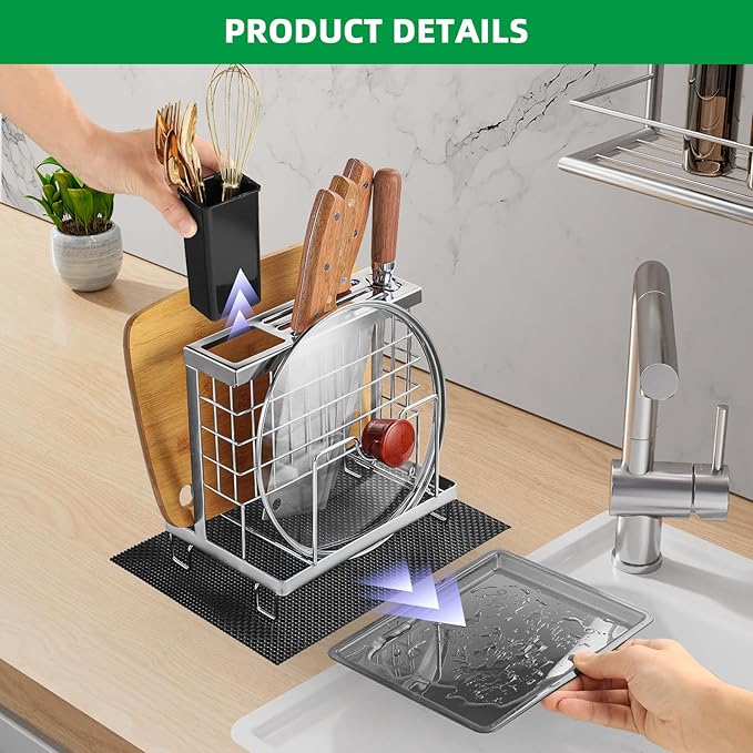 Knife Block Holder, Kitchen Knife Holder Storage Organizer,Utensil & Cutlery Caddy, Cutting Board Holder, Pot Lid Stand with Anti-Slip Pad for Countertop, Space-Saving (Silver)