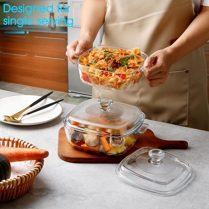 NUTRIUPS Mini Glass Casserole Dish with Lid Oven Safe Square Casserole Dish Set 2 Pack (5.9in+6.8in) Microwave Bowl With Glass Lid (0.8L+1.2L)
