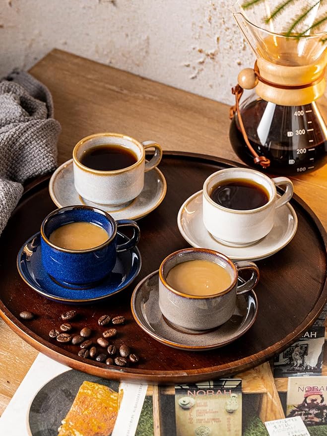 Gomakren 2.5 Ounce Espresso Cups Set of 4, Small Stackable Coffee Cups with Saucers and Metal Stand, Halloween Porcelain Demitasse Cups for Specialty Coffee Drinks, Espresso, Cappuccino, Cobalt Blue