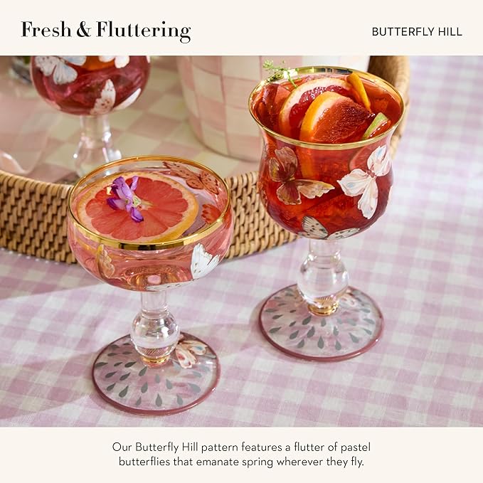 MACKENZIE-CHILDS Coupe Glass, Decorative Stemmed Cocktail Glass, 11 Ounces, Butterfly Hill