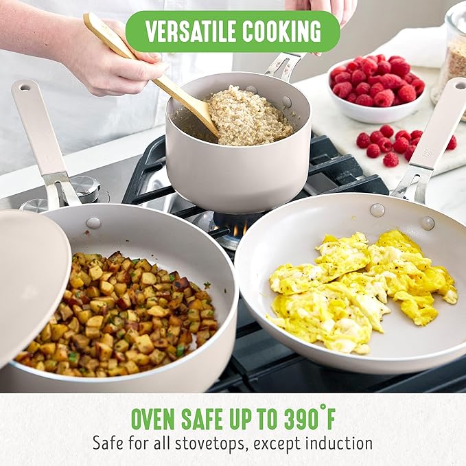 GreenLife 10-Piece Nonstick Ceramic Cookware Set, Lightweight Healthy PFAS-Free Pots & Pans with Lids, Dishwasher & Oven Safe, Durable Body, Silicone Stay-Cool Handles, Easy Release, Taupe