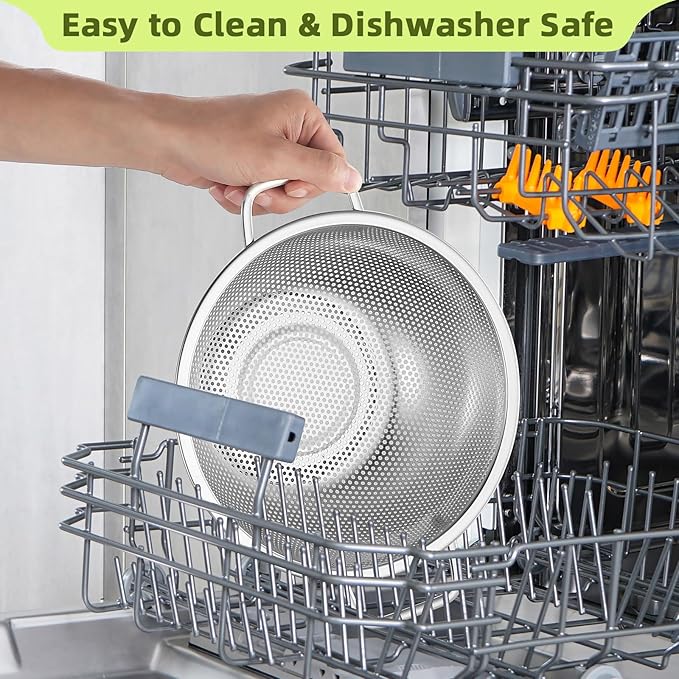3Qt Metal Colander with Handle, Stainless Steel Strainer for Kitchen, Mesh Strainer for Washing Pasta, Spaghetti, Berry, Fruit, Vegetable, Rice Washer, Fast Draining, Dishwasher Safe
