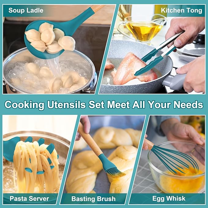 P&P CHEF Silicone Cooking Utensils Set, 12PCS Kitchen Utensils Set with Wooden Handle for Nonstick Cookware, Ladle, Spoon, Spatula, Tong, Heat-resistant & Non-scratch, Non Smell & Healthy, Blue