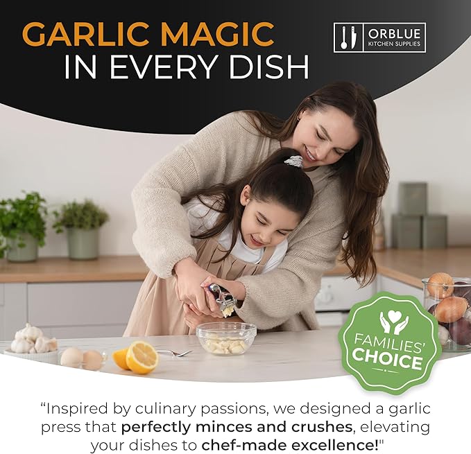 ORBLUE Garlic Press Stainless Steel - Premium Professional Grade Garlic Mincer, Crusher & Peeler Set - Easy Clean, Dishwasher Safe & Rust-proof, Gray