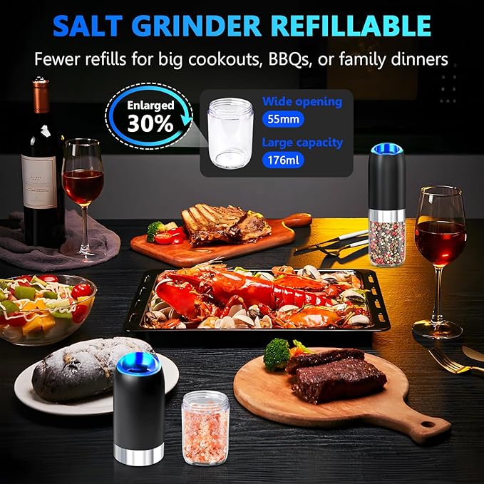 BoAn Gravity Electric Pepper Grinder, Battery Operated Salt and Pepper Grinder Set,Ceramic Larger Chamber Spice Mill Refillable,Adjustable Coarseness Salt Mill for Kitchen Housewarming Gifts New Home