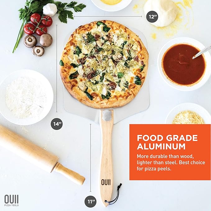 Pizza Peel with Cutter - 12 x 14-inch Metal Turning Peel, 14'' Pizza Cutter with Blade Cover - Premium Pizza Spatula Paddle, Pizza Oven Accessories Compatible with Ooni, Blackstone, Gozney