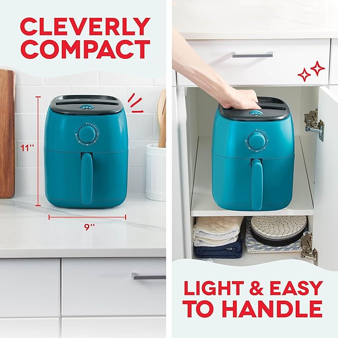DASH Tasti-Crisp™ Electric Air Fryer Oven, 2.6 Qt., Teal – Compact Air Fryer for Healthier Food in Minutes, Ideal for Small Spaces - Auto Shut Off, Analog, 1000-Watt