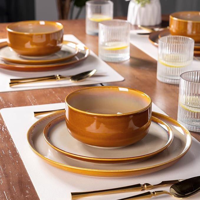 LERATIO Ceramic Dinnerware Sets for 4,12 Pieces Poreclain Plates and Bowls Sets,Scratch Resistant Dishes,Dishwasher & Microwave Safe,Oven Safe Dishes Set,Service for 4-Kahki