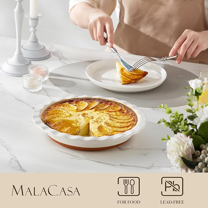MALACASA Ceramic Pie Pan for Baking - 9 Inch Quiche Baking Dish Nonstick Pie Plate, Deep Dish Scratch-Resistant Pie Pan for Apple Pie Pot Pie, Series TARA