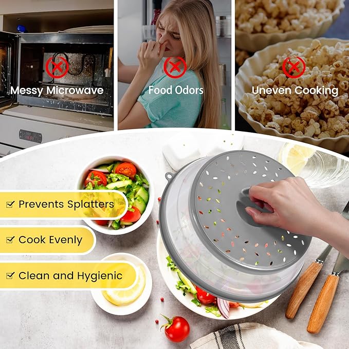 2 In 1 Microwave Splatter Cover & Silicone Mat, Vented Collapsible Microwave Cover for Food, Splatter Guard Dish Plate Lid, Kitchen Colander, 10 Inch Round Silicone Trivet Mat (Grey)