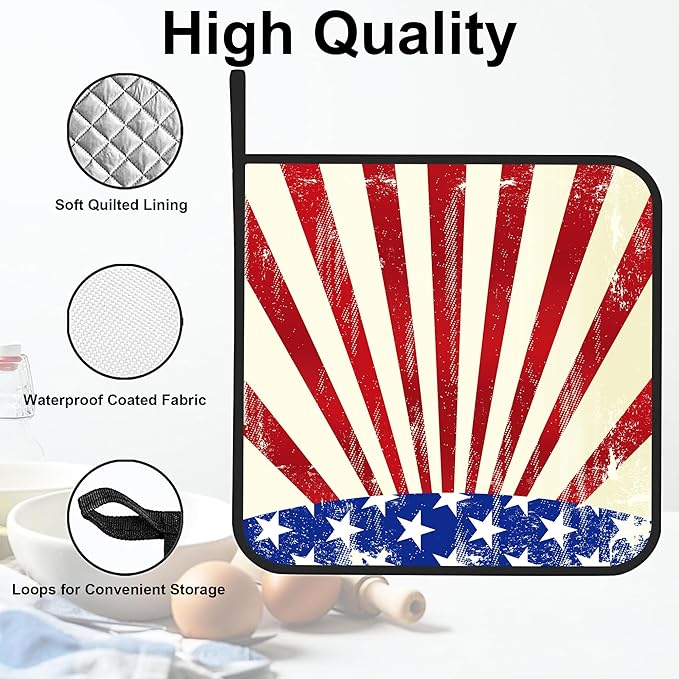 4th of July Grunge American Flag Pot Holders for Kitchen Heat Resistant Pot Holders Set of 2 Oven Hot Pads Pot Holders for Cooking Baking BBQ Gifts for Women