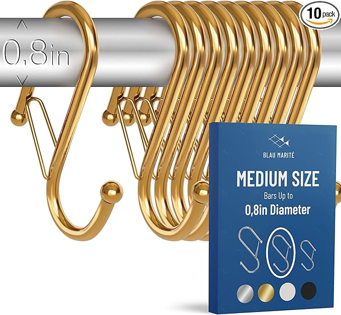 10-Pack Metal S Hooks for Hanging – Heavy-Duty S-Shaped Hook with Safety Buckle – Fits Bars up to 0.8 In – Anti-Drop S-Hooks for Kitchen, Bathroom, Closet & Pot Racks – Gold (Medium)